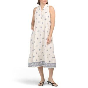 SPIGHE DI LINO Italy Linen Blend Sleeveless Printed Pattern Midi Dress